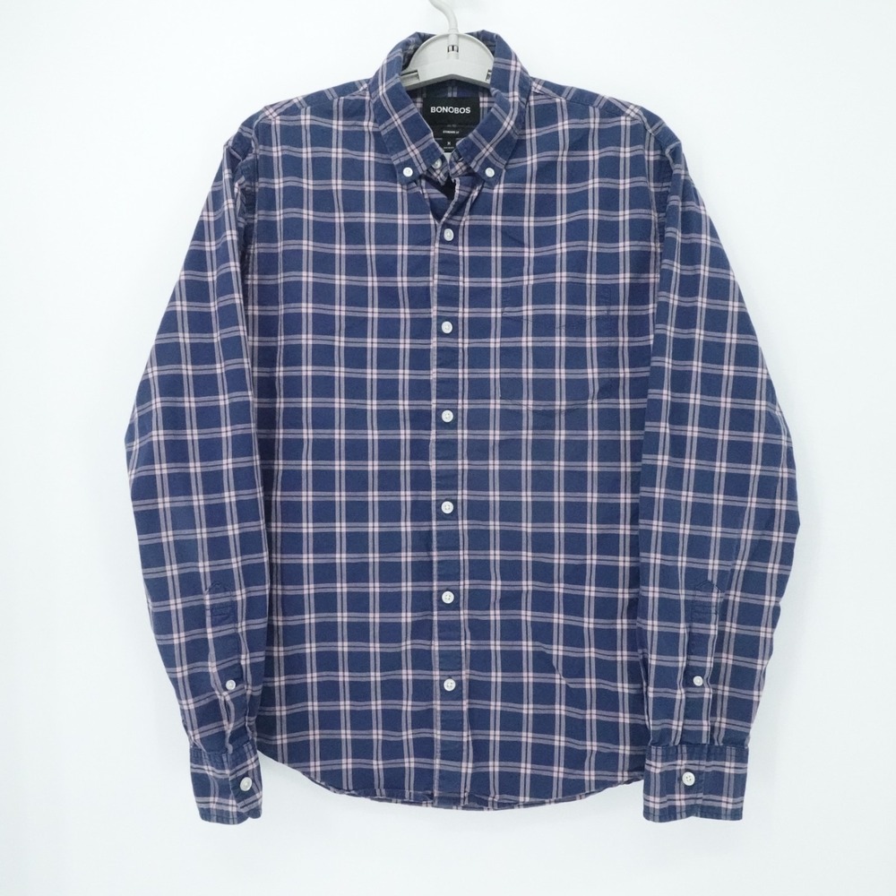 Bonobos Shirt Mens M Blue Windowpane Plaid Standard Fit Long Sleeve‎ Business